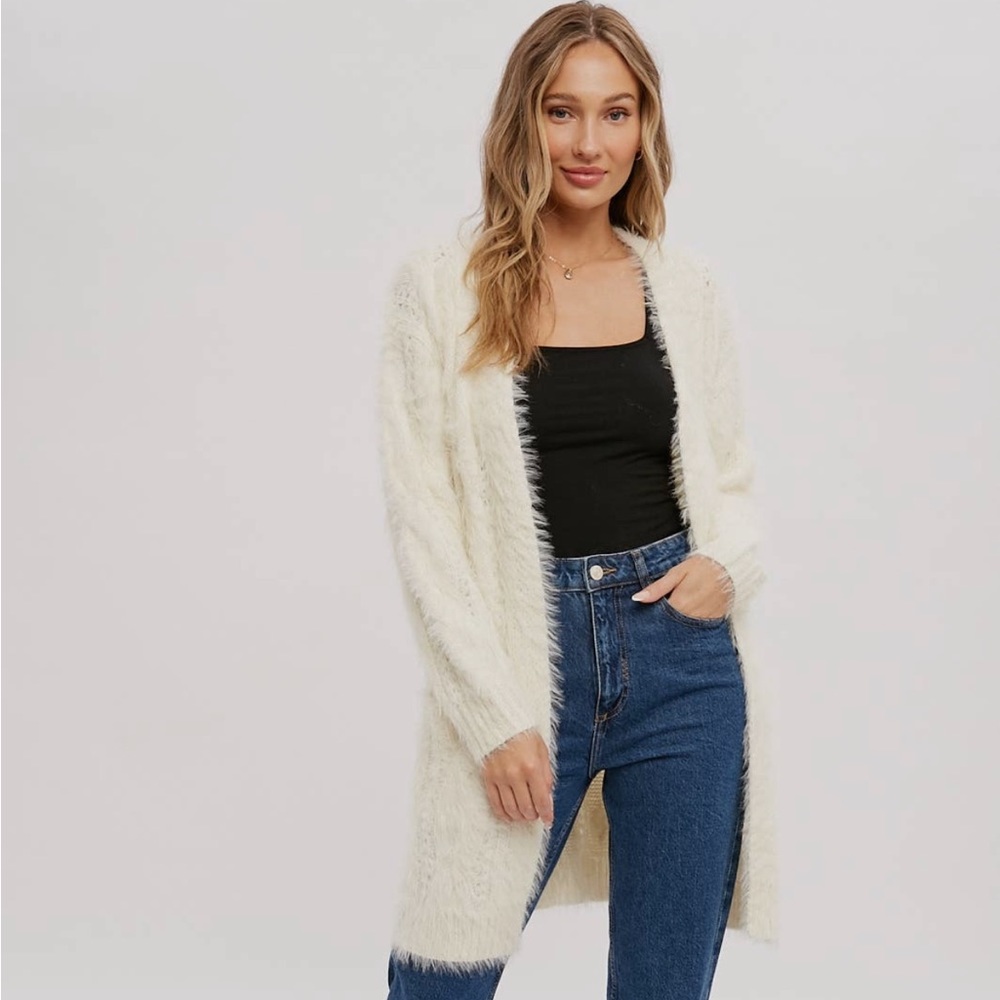 Cozy, fuzzy, white cable knit soft long sleeve open front cardigan sweater